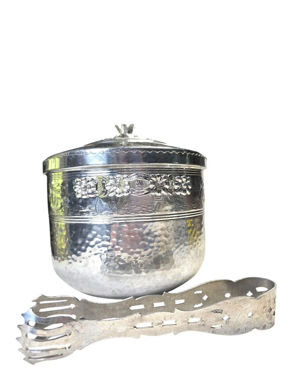 Vintage Forman Family Hammered Aluminum Ice Bucket & Tongs